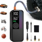 Tire Inflator Portable Air Compressor, 150 PSI Cordless Air Pump, Dual Power 6000mAh, 12V DC Car Plug, Fast Inflation 24L/Min, Auto Shut-Off, LED Light, 4 Preset Modes for Car, Bike, Motorcycle, Balls