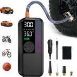 Tire Inflator Portable Air Compressor, 150 PSI Cordless Air Pump, Dual Power 6000mAh, 12V DC Car Plug, Fast Inflation 24L/Min, Auto Shut-Off, LED Light, 4 Preset Modes for Car, Bike, Motorcycle, Balls