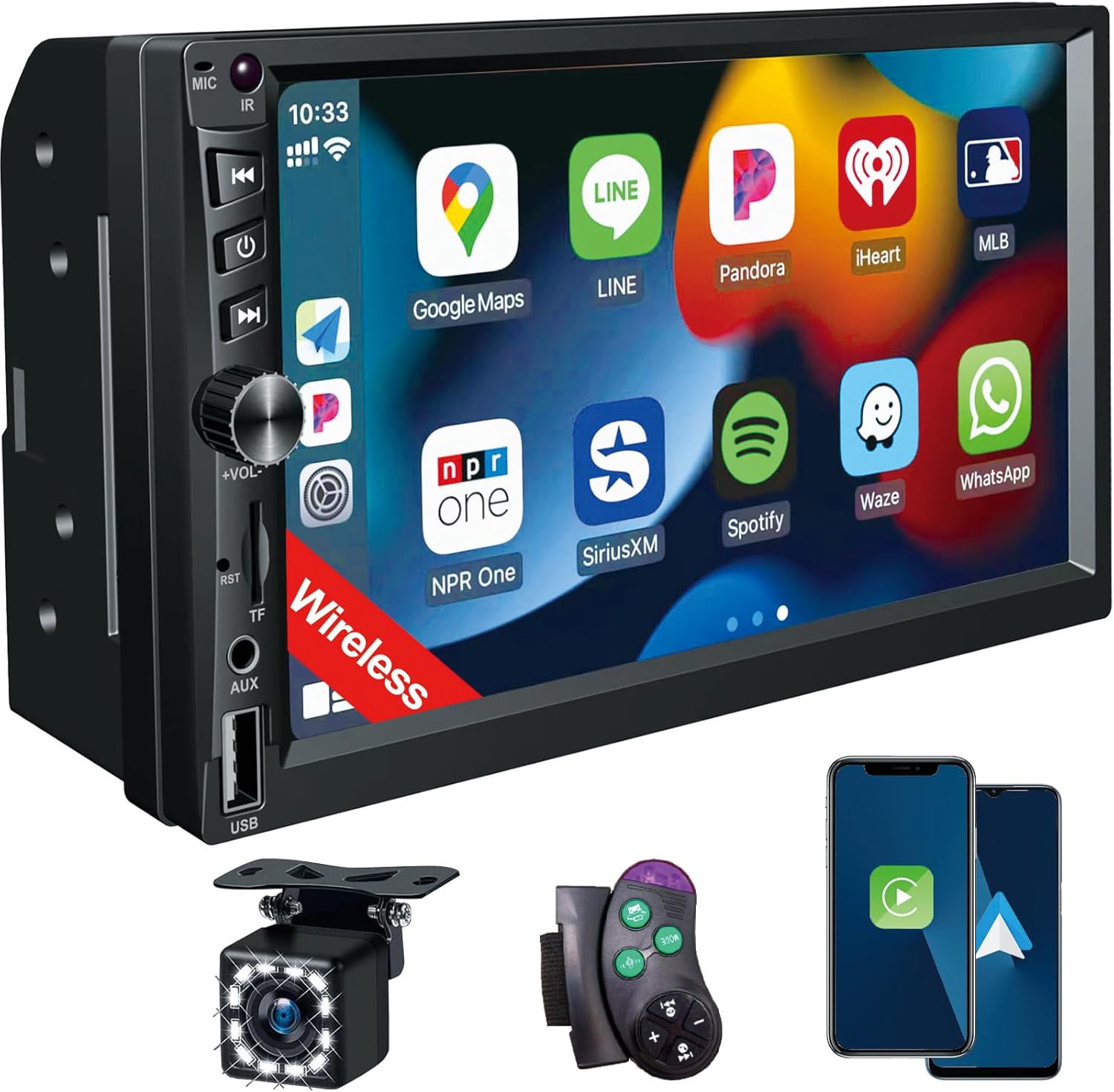 71S6v8YsCKL._AC_SL1500_.jpg Wireless Double Din Car Stereo Works with Apple Carplay,7 Inch HD 1024 * 600 Touchscreen with Bluetooth 5.1,FM Car Radio,GPS Navigation,Backup Camera,Android Auto,Voice Control,USB/AUX/TF/SWC - Image 1