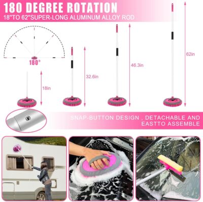 Pink 62" Car Wash Brush with Long Handle,Chenille Microfiber Car Wash Mop Sponge Mitt ,Windshield Window Squeegee,Wheel Brush,Car Detailing Brushes,Car Duster,Towel,Car Cleaning Kit for Cars RV Truck - Image 2