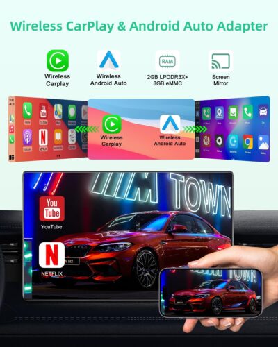 5-in-1 Wireless Android Auto & Carplay Adapter, Wireless CarPlay Adapter Support Netflix/YouTube/TF, USB-A/USB-C Cables, Convert Wired to Wireles Apple Dongle, Magic Video Box Car Play for iPhone - Image 2
