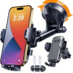 2026 Ultimate Best【True Military-Grade & Safety Cert】Car Phone Holder HTU【Upgraded 360 Rotation & 100+LBS Strongest Suction】5-in-1 Truck Windshield Dashboard Vent Mount Stand for iPhone Android, Black
