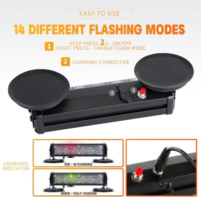 BooYu Amber/White Magnetic Wireless Flashing Strobe Light for Vehicles Trucks Car, Battery Operated Rechargeable LED Safety Beacon Lights, Mini Portable Emergency Warning Light Bar (2-Pcs, 2×8in) - Image 5