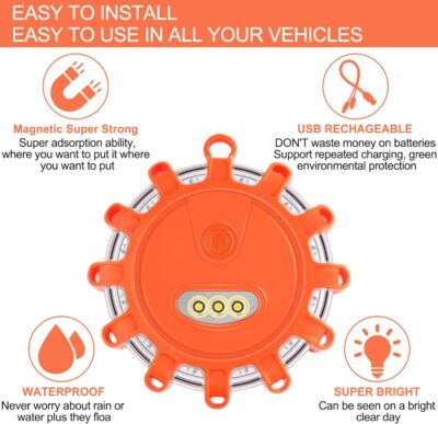 USB C Rechargeable LED Road Flares Emergency Lights with Magnetic Base, 9 Strobe Options Roadside Emergency Warning Car Safety Beacon Flashing Disc Flare Kit for Vehicles & Boat, 3 Pack - Image 7