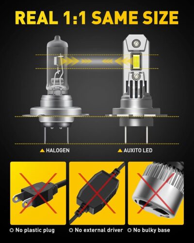 AUXITO UpgradedH7 LED Bulbs, 350% Brighter, 6500K White, 1:1 Mini Size, No Adapter Required, Non-Polarity, All-in-One H7ll Fog Light Bulb, Plug and Play, Pack of 2 - Image 2