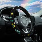 Embroidered Floral Bee Cute Black Steering Wheel Cover, Auto Anti-Slip Breathable Steering Wheel Protector,Floral Car Accessories for Women,Universal Size Fit Most Cars -15 inch