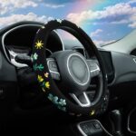Embroidered Floral Bee Cute Black Steering Wheel Cover, Auto Anti-Slip Breathable Steering Wheel Protector,Floral Car Accessories for Women,Universal Size Fit Most Cars -15 inch