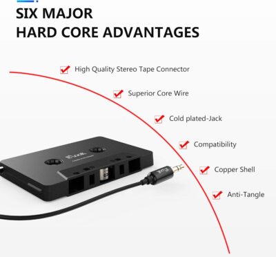Elook Car Cassette Aux Adapter, 3.5mm Universal Audio Cable Tape Adapter for Car, Phone, MP3 ect. (Black) - Image 2