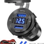 84W 4-Port 12V/24V USB Car Charger Socket with Dual PD3.0 & Dual QC3.0 Fast Charging, Aluminum Alloy Waterproof USB C Outlet with LED Voltmeter, Compatible for Cars Boats Trucks RVs Motorcycles Marine