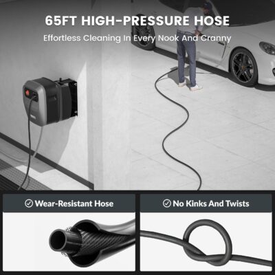 Giraffe Tools Grandfalls Retractable Pressure Washer G20B, 2500 PSI 2.2 GPM, Wall Mounted Power Washer with 65FT Hose Reel, Black Pressure Hoses, 4 Nozzles for Floor/Cars/Fences/Patios, Dark Silver - Image 7