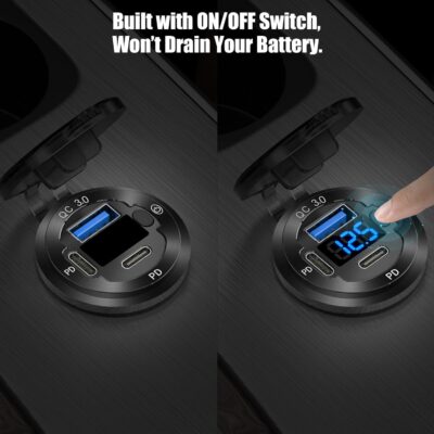 12V USB Outlet 3 Port Car Charger Socket, 78W Dual PD USB C 30W and Quick Charge3.0 Port Aluminum Charger Waterproof with Voltmeter and Button Switch for Boat Marine Motorcycle RV Truck Golf Cart, etc - Image 5