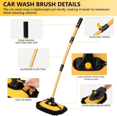 Car Wash Brush with Long Handle, 15°Curved Car Cleaning Brush with Replaceable Head Cover, Truck Washing Brushwith Telescopic Handle Wash Mop Kit 5PCS - Image 6
