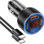 Car Charger for iPhone 17 16 15 Pro Max, Besgoods 4-Port Cigarette Lighter Adapter USB C & USB A Car Phone Charger Fast Charging Voltmeter for Galaxy S25 S24 S23 A15 A54 Android, 6ft USB C to C Cable