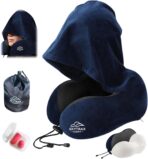 Travel Pillow with Extra Large Hood for Airplane Long Flights Privacy and Comfort Memory Foam with Velvet Cover for Road Trip Head&Neck Support for Plane Office Cars Sleeping & Rest (Navy Blue)
