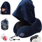 Travel Pillow with Extra Large Hood for Airplane Long Flights Privacy and Comfort Memory Foam with Velvet Cover for Road Trip Head&Neck Support for Plane Office Cars Sleeping & Rest (Navy Blue)