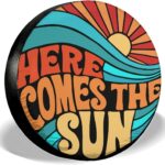GENANY Hippie Here Comes The Sun Size 17 Premium PVC Leather Spare Tire Cover, Universal Fit for RV Jeep Camper Trailer, Dustproof, Waterproof Jeep Tire Cover with No Camera Hole, Spring Car Decor