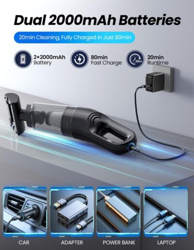 Handheld Vacuum Cordless, 26,000 Pa High Power Suction, Portable Rechargeable Car Vacuum Cleaner for Home, Office, Pet Hair, Car Detailing, Black - Image 4