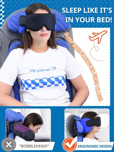 Travel Pillows for Airplanes, 360° Support Headrest Pillow with Eye Mask for Sleeping, Travel Airplane Pillow for Long Flights Car Road Trip, Travel Accessories Stop Bobblehead, Black - Image 2