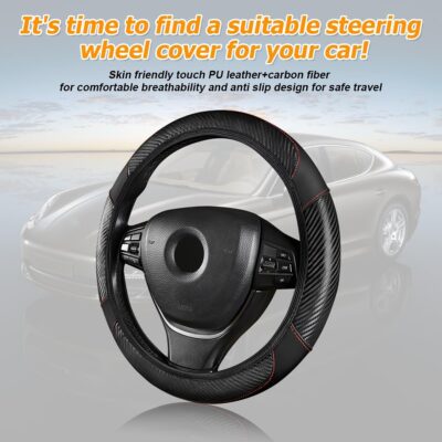 BESULEN Car Steering Wheel Cover, Anti-Slip Breathable Auto Steering Wheel Protector for Women Men, Leather Carbon Fiber Vehicle Interior Accessories, 15 Inch Universal for SUV, Truck, RV（Black） - Image 5