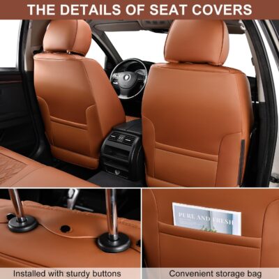 Car Seat Covers Full Set, Breathable Leather Automotive Front and Rear Seat Covers & Headrest, Universal Automotive Vehicle Seat Cover for Most Sedan SUV Pick-up Trucks, Brown - Image 3