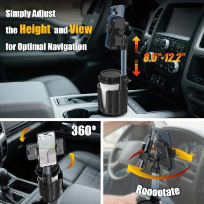 Car Phone Mount with Cup Holder Expander - Upgraded Anti-Shake 2-in-1 Cup Phone Holder for SUVS Trucks with Adjustable Aluminium Alloy Long Neck, fit for iPhone Samsung Galaxy (Black) - Image 5