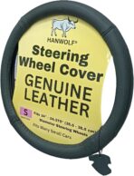 Steering Wheel Cover, Black, Real Genuine Leather, Small, 14 inch, for Men and Women, Universal, Stretch On, Heat Resistant, Stays Cool, Non-Slip, HANWOLF