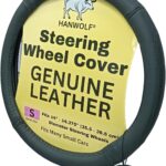 Steering Wheel Cover, Black, Real Genuine Leather, Small, 14 inch, for Men and Women, Universal, Stretch On, Heat Resistant, Stays Cool, Non-Slip, HANWOLF