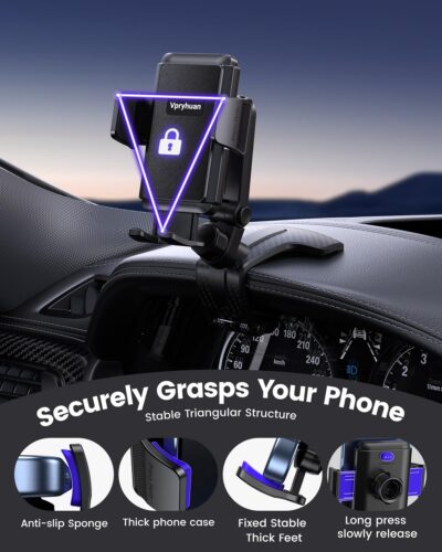 Dashboard Car Phone Holder Mount with Anti-Drop Clip - 360° Rotation Multifunctional Cell Phone Holder Car for iPhone, Samsung, Google and 4-7" Cellphones - Image 5