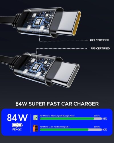 84W Upgraded Retractable Car Charger Adapter for iPhone 17,4 in 1 Fast Charging Car Phone Charger,USB C Car Truck Accessories,Road Trip Essentials Gift for Men for iPhone 17/16/15,Galaxy S26,Pixel 10 - Image 3