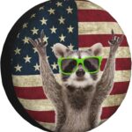 Spare Tire Cover for RV Camper Funny Cute Raccoon American Flag, Weatherproof Universal Wheel Cover for RV Travel Trailer Camper Truck 14inch