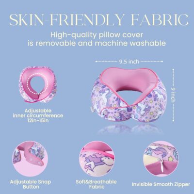SKYTRAX® Certified Kids Safe Memory Foam Travel Neck Pillows for Kids and Toddlers, Cute Cartoon Design, Car Seat & Airplane Head Neck Support, Adjustable Snap Buttons, Washable Soft Cover (Unicorn) - Image 4