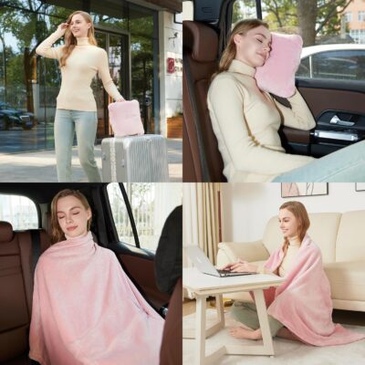 Travel Blanket Pillow, Premium 2 in 1 Flannel Airplane Blanket Compact for Travel,Office, Home,Travel Essentials Accessories for Plane and Car,Compact Office Blanket (Pink) - Image 6