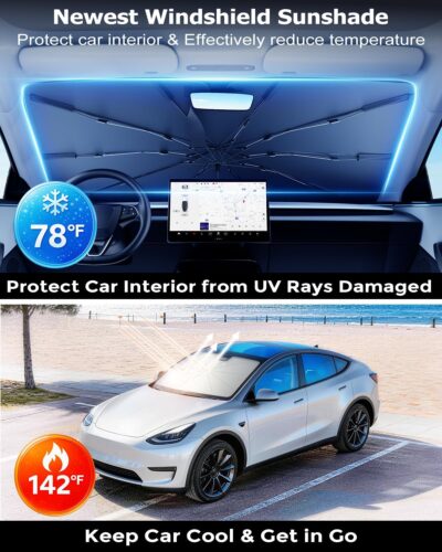 DMJN Umbrella Windshield Sun Shade for Tesla New Model Y Juniper, Y & 3, Car Sunshade for Front Windshield [Nano Ice-Crystal Coatings] UPF50+ Heat & UV Block, Protect Interior & Keep Cooler - Image 2