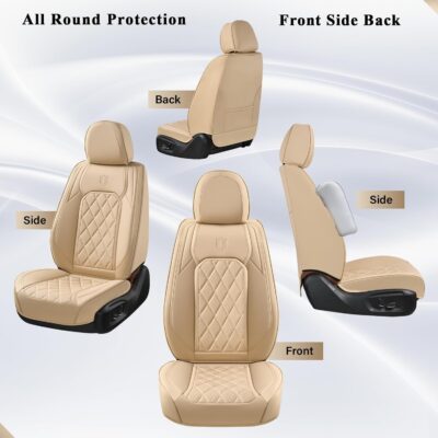 Coverado Car Seat Covers Full Set, Luxury Faux Leather Waterproof Seat Cover, 5 Seat Universal Seat Covers for Cars, Front and Back Car Seat Protector, Beige Leather Seat Cover Fit for Most Cars - Image 8