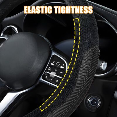 Elastic Stretch Car Steering Wheel Cover, Breathable No Inner Ring Vehicle Steering Wheel Protector, 15 Inch Ice Silk Anti Slip Automotive Accessories, Universal Fit (Black) - Image 5