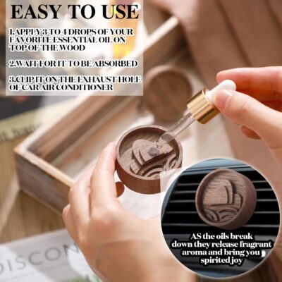4 Pcs Wooden Essential Oil Diffuser Car Aromatherapy Passive Diffuser with Vent Clip Walnut Wood Round Air Freshener Winter Gifts for Home Offices Yoga Rooms Sauna Rooms - Image 3