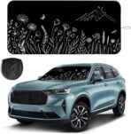Windshield Sun Shade for Car, 63"x28.5" Universal Fit Front Window Sunshade with Double Steel Ring Frame, Car Sun Shade, UV Protection Windshield Cover with Storage Pouch (Line Flowers)