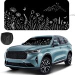 Windshield Sun Shade for Car, 63"x28.5" Universal Fit Front Window Sunshade with Double Steel Ring Frame, Car Sun Shade, UV Protection Windshield Cover with Storage Pouch (Line Flowers)