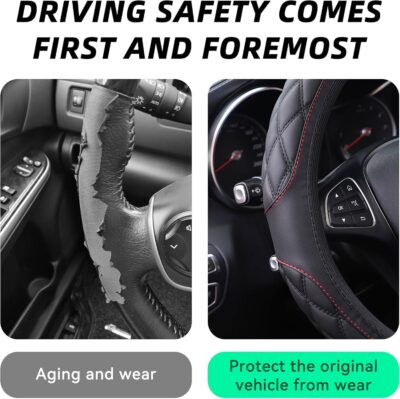 15 Inch Car Leather Steering Wheel Cover, Automotive Accessories Elastic Breathable Anti-Slip Soft Wheel Protector Fits Men and Women, Suitable for SUVs, Trucks, Vehicles and RVs (Black-1) - Image 3
