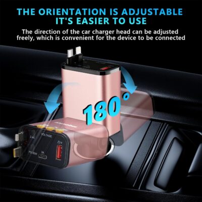 Retractable Car Charger,5 in 1 Fast Cars Phone Charger 60w,Bluetooth 5.3 FM Transmitter Adapter,Handsfree Call,MP3 Player,2 Retractable Cables and USB Chargers, for Phone,Galaxy,Pixel (Pink) - Image 2