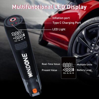 Windone Car Vacuum, 12000Pa 2-in-1 Cleaner & Tire Inflator 150PSI, 60W Brushless Motor, Cordless Handheld Vacuum & Air Pump with Pressure Gauge, LED Light, Multi-Nozzles for Car, Home, Office - Image 8