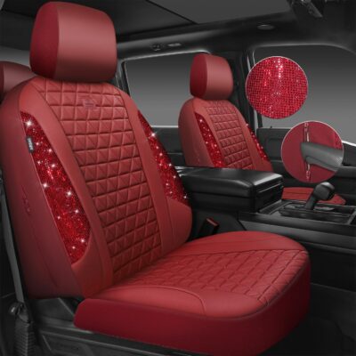 CAR PASS Bling Diamond Burgundy Leather Car Seat Covers Full Sets Interior Sets, Waterproof Shining Glitter Sparkly Crystal Universal Armrest Fit Automotive Truck SUV Cute Women Girl, Red Rhinestone - Image 8