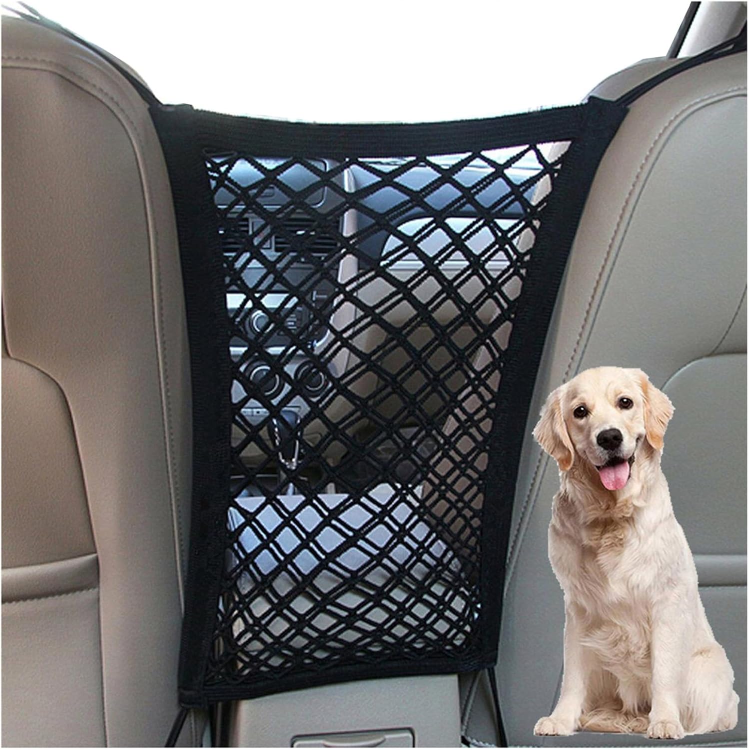 71VbMkFnnVL._AC_SL1500_.jpg DYKESON Dog Car Net Barrier Pet Barrier with Car Mesh Organizer for Dog & Child, Safety Divider with Storage Pouch, Easy Install for Cars & SUVs - Image 1
