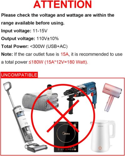 300W Car Power Inverter - YSOLX Dual DC 12V to 110V AC Car Outlet Adapter to Wall Plug, 24W Fast Charging USB-C&USB-A, Portable ​Charger Converter with for Laptops, Phones - Image 7
