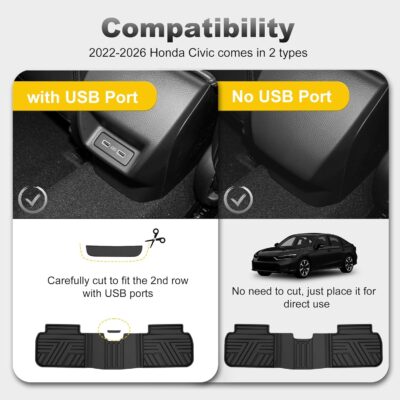 Floor Mats Fit for Honda Civic 2022-2025 2026 Sedan Hatchback Si (Include Sport,Not for Hybrid), with&w/o USB Port | for Acura Integra 2023-2026, All Weather Car Floor Liners, Black - Image 2