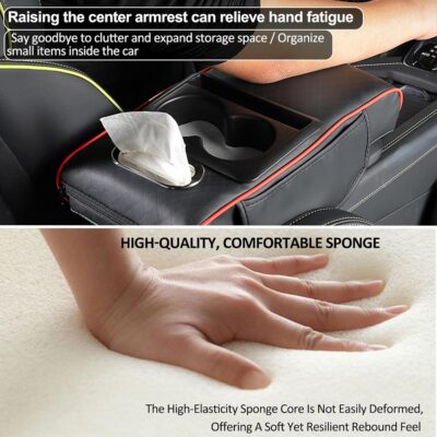 Center Console Cover,Car Armrest Cushion Multifunctional with 2 Storage Bags Cup Holder,Phone Slot,Tissue Box Slot for Most Cars Accessories Interior Organizers-Black+Red 13.8x7.9 in - Image 5