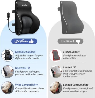 ZIKEE Adjustable Airbag Lumbar Support Pillow Provides Comfortable Support Back Pain Relief and Improves Posture, Ergonomic Memory Foam Back Support Pillow for Office Chair, Car, Home - Image 6