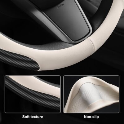 Nappa Leather car Steering Wheel Cover,Carbon Fiber Sports car Interior Non-Slip Ultrathin 15 inches Universal (White) - Image 6