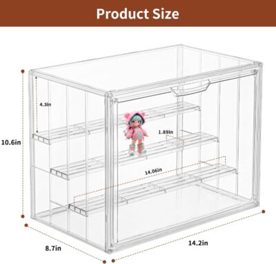 Clear Acrylic Display Case Upgrade 4 Tier Figure Display Cases with 3 Movable Dividers, Stackable Display Box Showcase with Magnetic Door for Collectibles (Large-1pack) - Image 4
