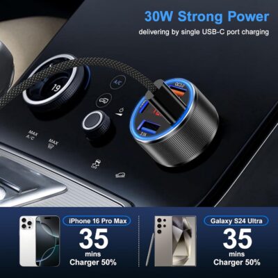 Car Charger for iPhone 17 16 15 Pro Max, Besgoods 4-Port Cigarette Lighter Adapter USB C & USB A Car Phone Charger Fast Charging Voltmeter for Galaxy S25 S24 S23 A15 A54 Android, 6ft USB C to C Cable - Image 3